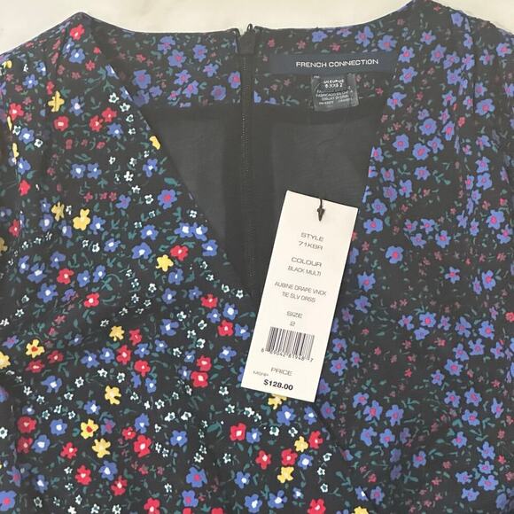 French Connection Aubine Drape VNeck Black Floral Tie Sleeve Dress US 2 NWT $128 - Picture 13 of 13